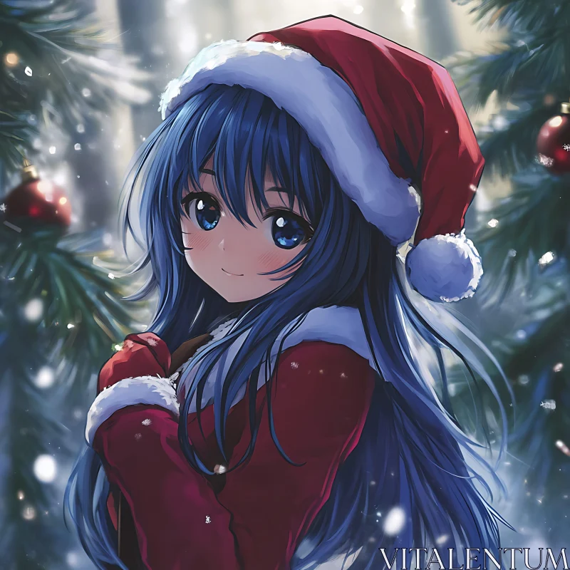 Cute Anime Girl in Winter Christmas Scene AI Image