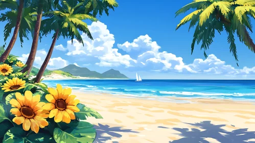 Tropical Beach Scene with Yellow Flowers