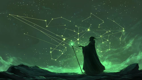 Enigmatic Wizard Gazing at Starry Sky