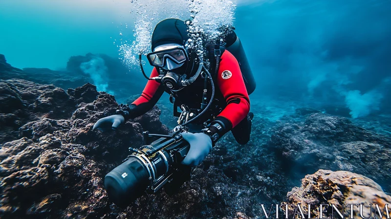 Diver Explores Ocean Depths with Camera AI Image