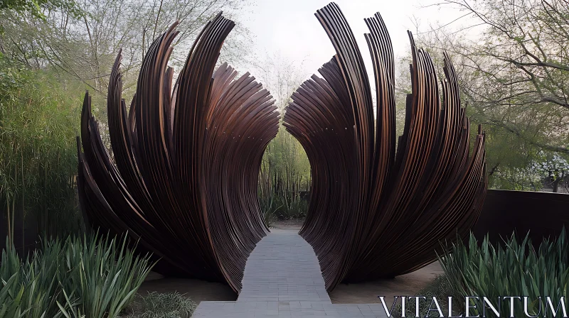 Metal Sculptural Pathway with Garden Background AI Image