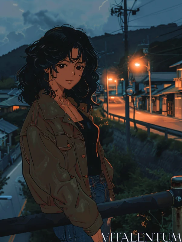 AI ART Curly-Haired Anime Character at Night