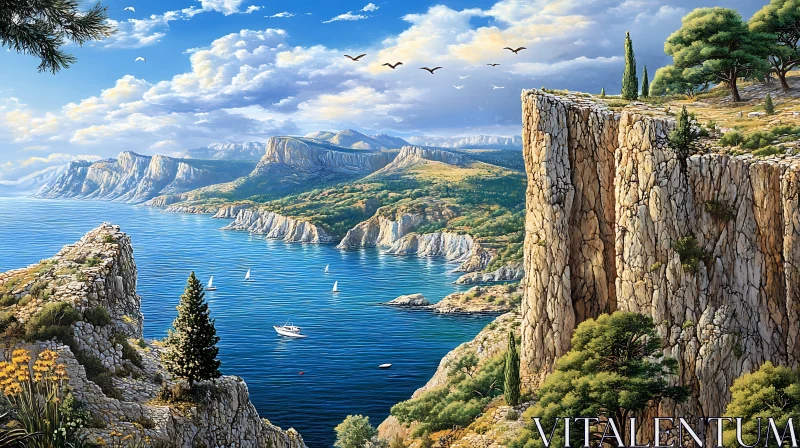 AI ART Seascape with Cliffs and Sailboats