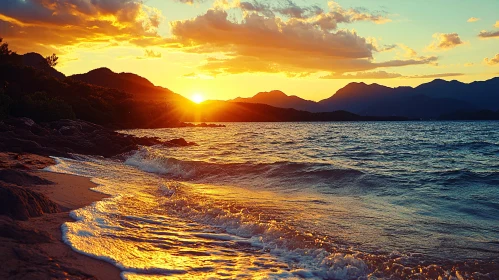 Golden Beach Sunset with Mountainous Horizon and Gentle Waves