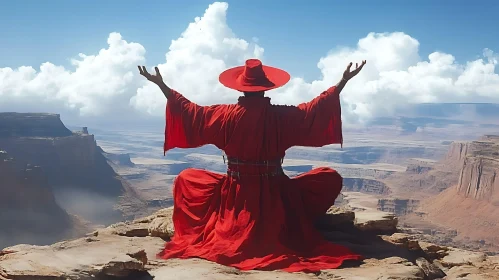 Red Robe Meditating Above Canyon