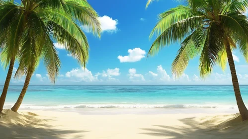 Seaside View with Palm Trees and Blue Sky