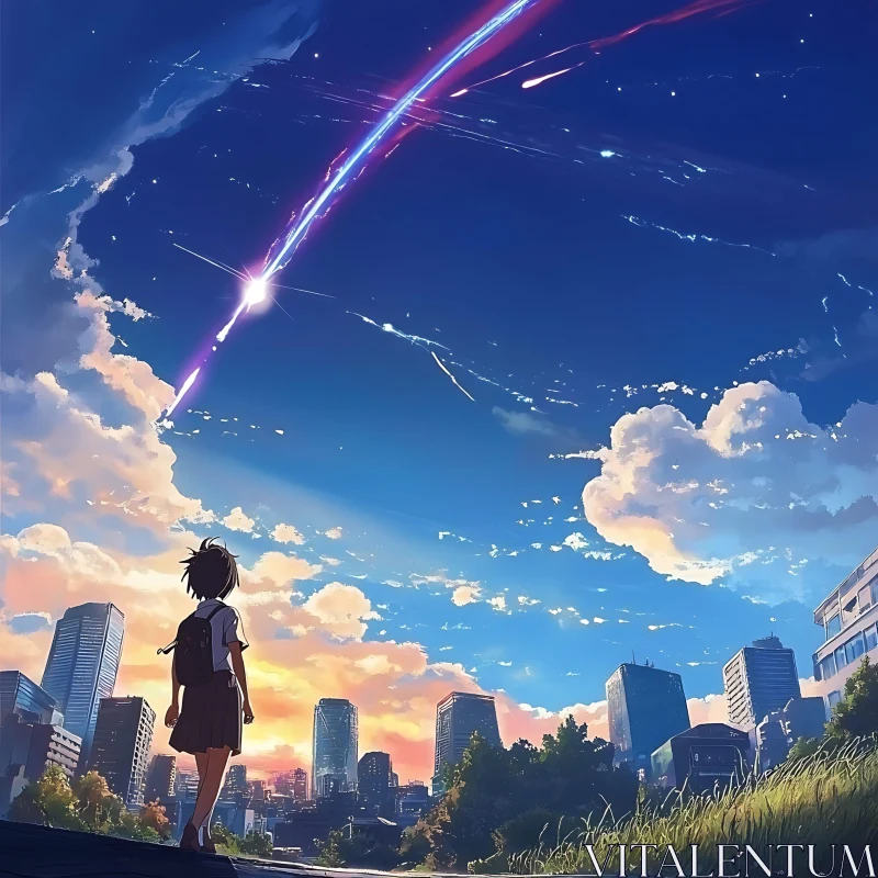 Meteor Passing Over City During Sunset in Anime Art AI Image