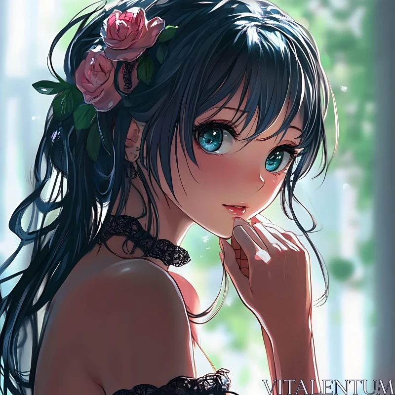 Anime Portrait of a Girl with Blue Eyes and Pink Roses AI Image