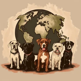 Various Dog Breeds Posed in Front of World Map