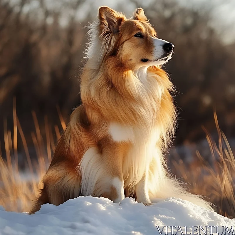 Golden Dog Surrounded by Winter Scenery AI Image