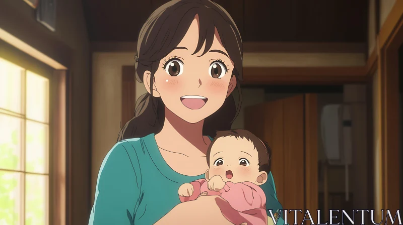 Anime Mother Holding Baby in Cozy Home AI Image