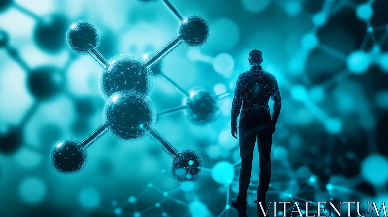 Blue Molecule with Man Silhouette AI Image