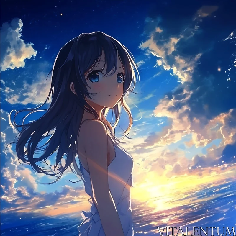 Anime Girl with Ocean Sunset AI Image