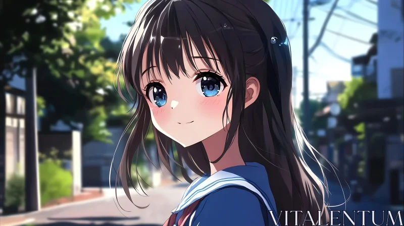 Anime Girl with Blue Eyes on Street AI Image