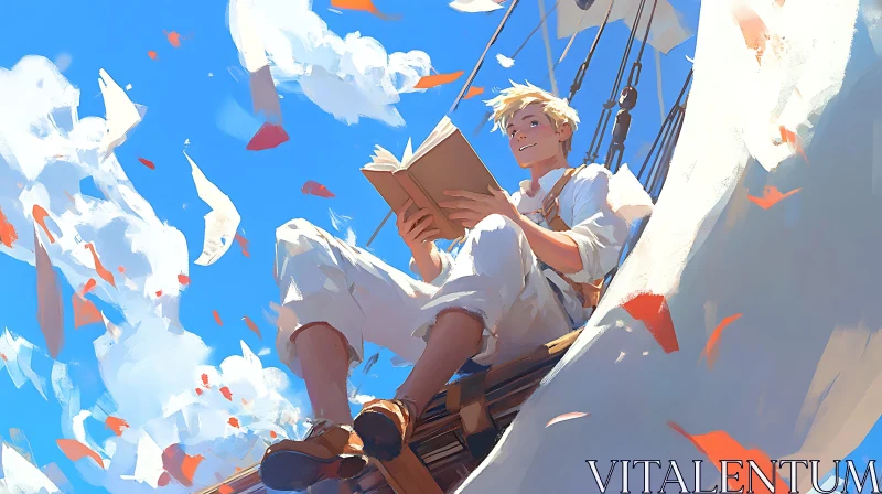 Joyful Sailor Enjoying a Book Amidst the Clouds AI Image