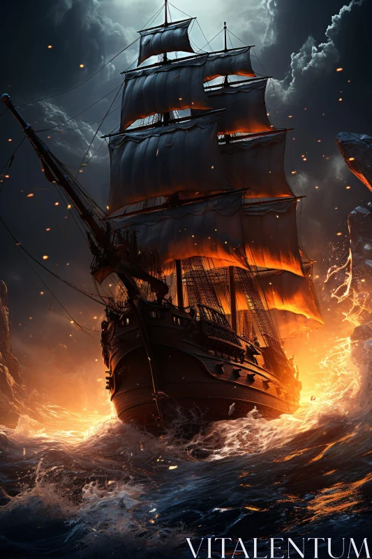 Ship in Flames on Stormy Seas AI Image