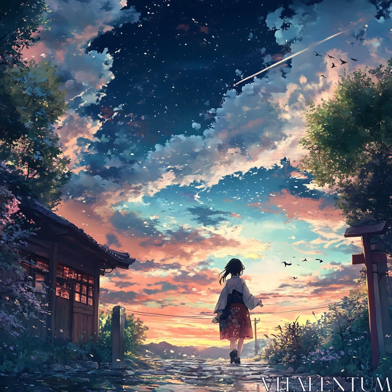 Anime Character at Sunset with Starry Sky AI Image