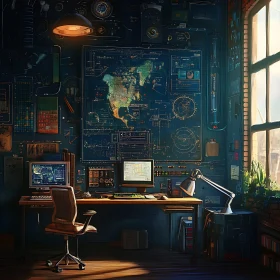 Detailed Workspace with Computers and Blueprints