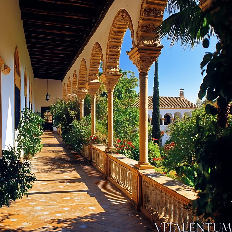 Intricate Golden Columns Overlooking a Courtyard Garden AI Image