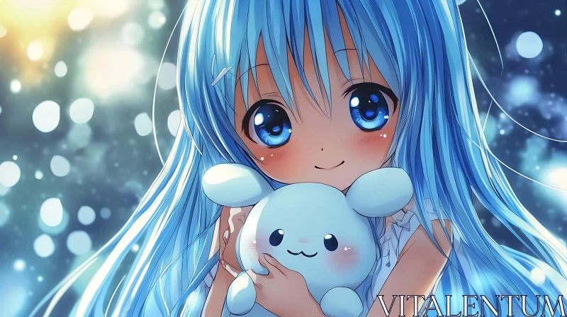 AI ART Cute Anime Girl Holding Stuffed Toy