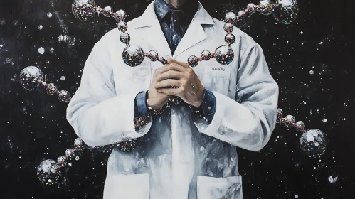 Scientist Holding Molecule Model in Space