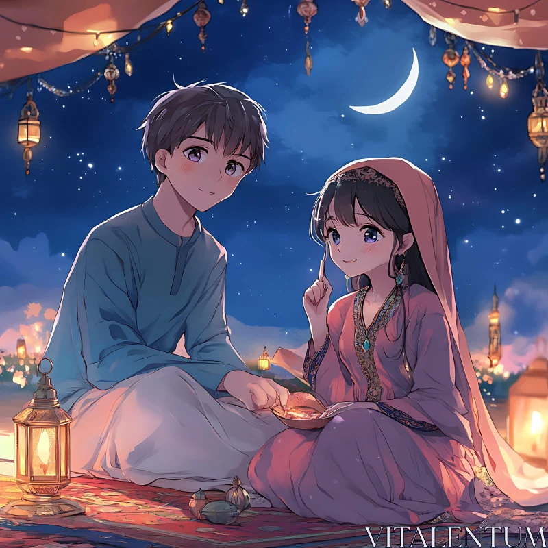 Romantic Anime Scene with Lanterns and Crescent Moon AI Image