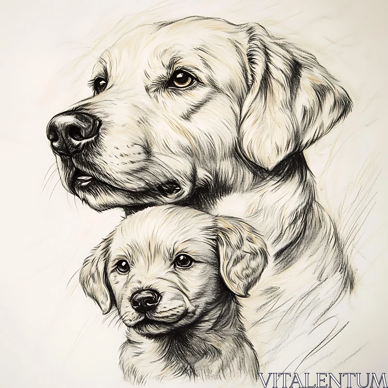 Intricate Sketch of a Dog and Puppy AI Image