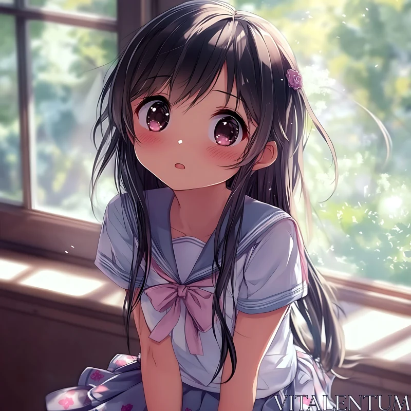 Cute Anime Girl Sitting by Sunlit Window AI Image