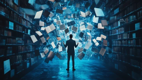 Man in Library with Floating Books