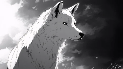 Monochrome Wolf Illustration with Cloudy Backdrop