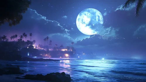 Nighttime Beach with Full Moon