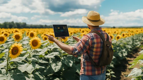 Farmer Inspecting Sunflower Field with Tablet