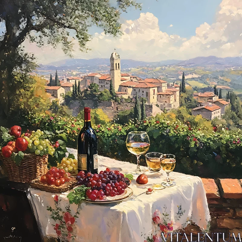 AI ART Still Life with Wine Overlooking Italian Town