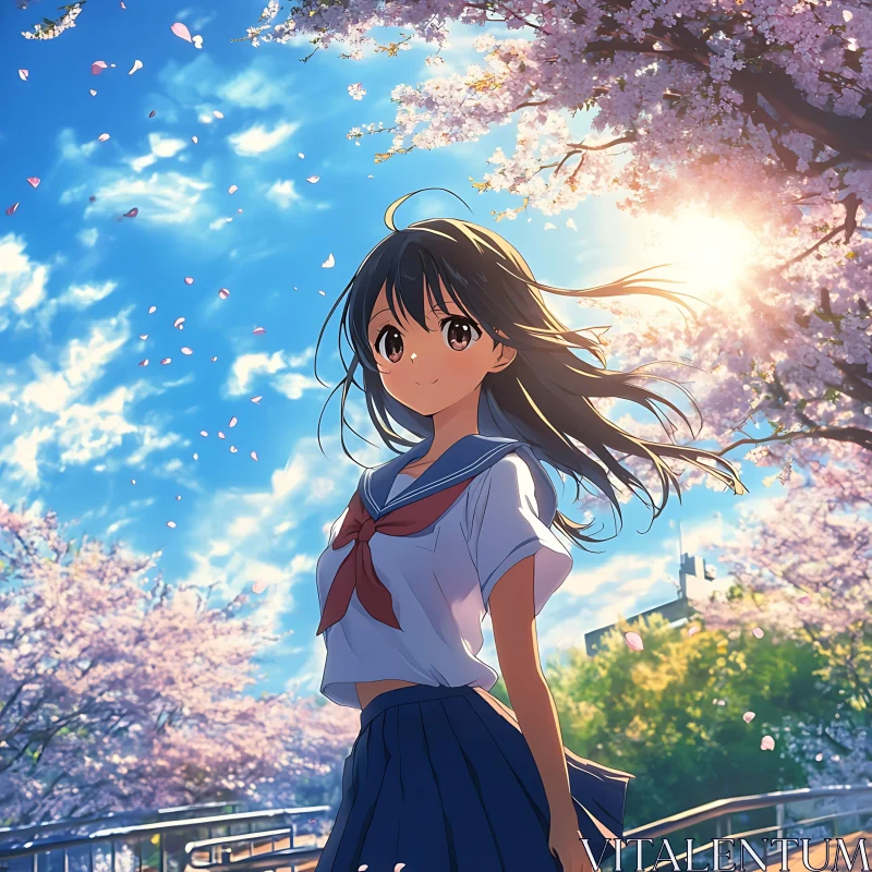 Schoolgirl in Cherry Blossom Grove AI Image