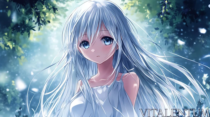 Tranquil Anime Girl with Blue Eyes in Forest Light AI Image