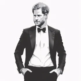 Prince Harry in Black Tuxedo Monochrome Drawing