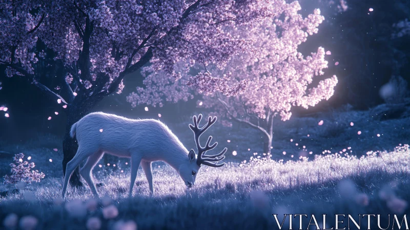 AI ART White Deer Grazing Under Cherry Blossoms