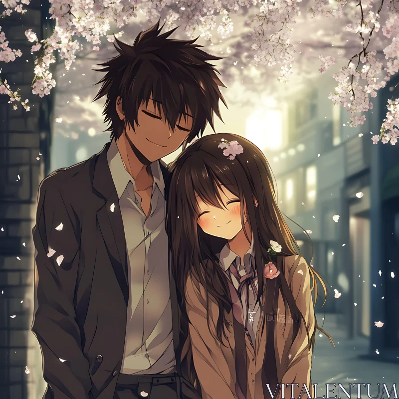 Romantic Anime Moment Under Cherry Blossoms AI Image