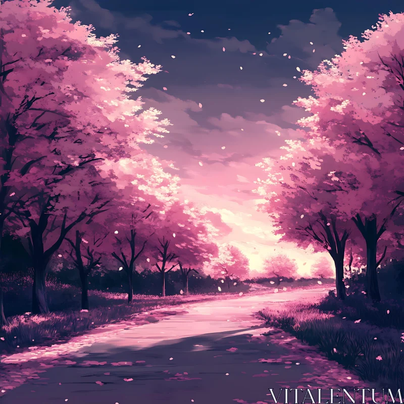 Serene Blossoming Trees at Sunset AI Image