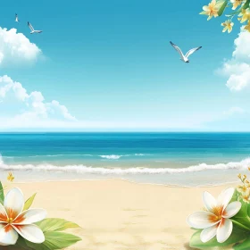 Tropical Beach Scene with White Flowers