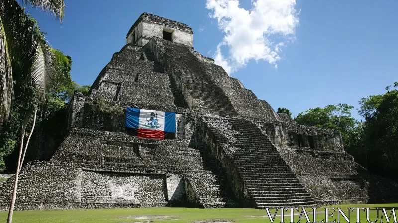 Stone Pyramid with Flag in Green Landscape AI Image