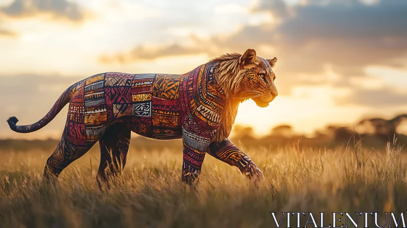 Lion with Tribal Patterns at Sunset AI Image