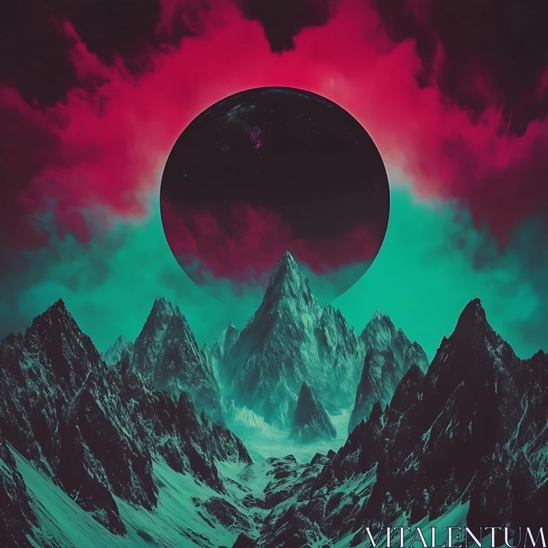 AI ART Abstract Mountainscape with Celestial Orb