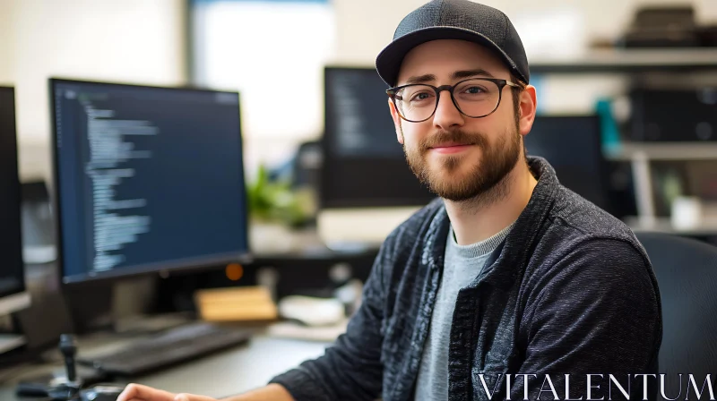 AI ART Man in Glasses at Computer Workstation