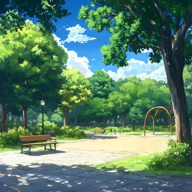 Peaceful Park with Shady Trees and Benches