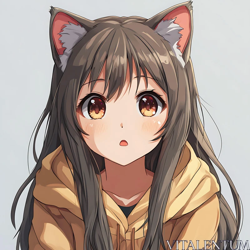 Cute Anime Girl Cat Ears Yellow Hoodie AI Image