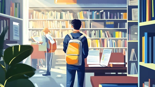 Student in Library with Bookshelves