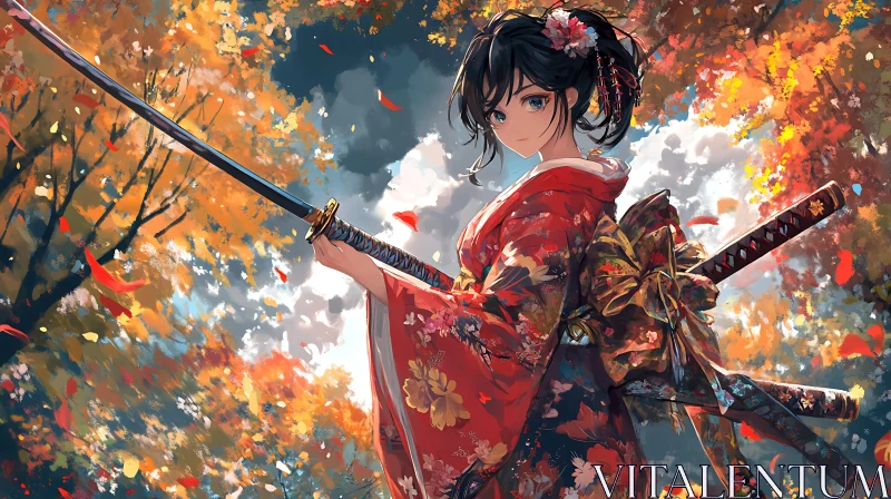 Japanese Samurai Maiden in Autumn Grove AI Image