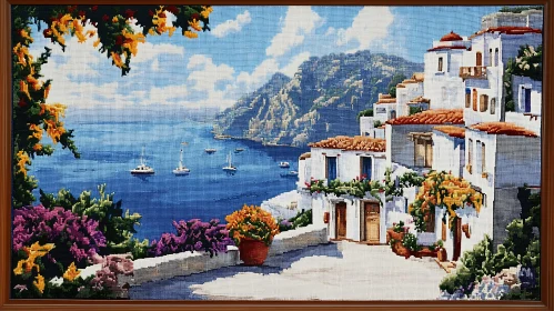 Seaside Village with Sailboats and Flowers