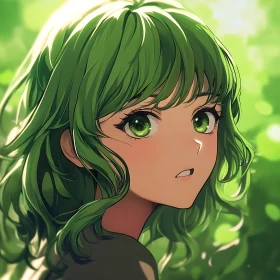 Anime Girl Portrait with Green Hair and Nature Background